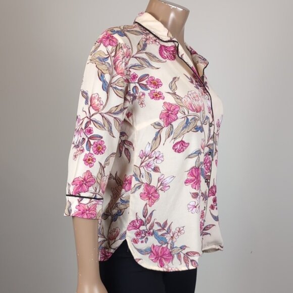 🍁B.Young Crepe Pajama Shirt Floral Print Buttoned Collared PJs Sleep Top - Picture 9 of 12